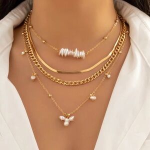 Flirty Layered Tiered 4Pcs Faux Pearl Beading Chain Layered Necklaces Set Gold.